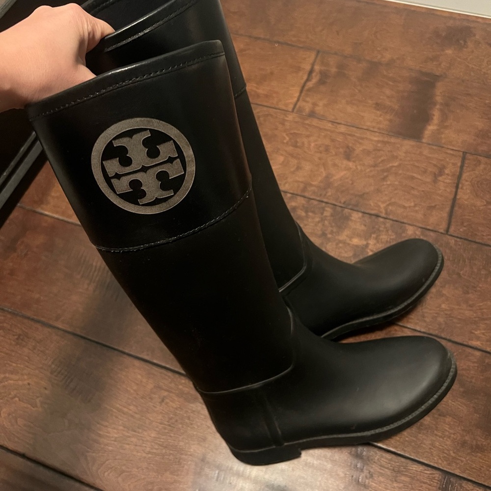 Tory Burch Black Logo Rubber Waterproof Tall Boots Size 9